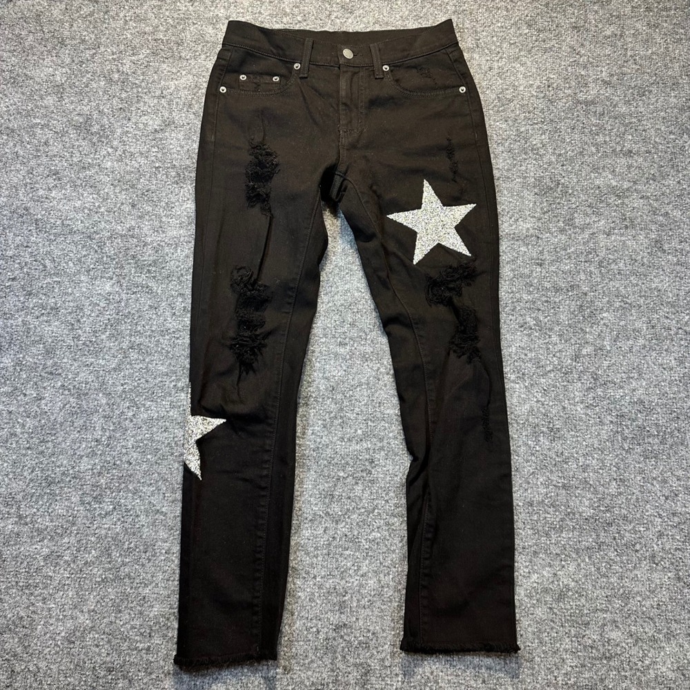 Carmar Denim Star Distressed Jeans Women 26 Black Rhinestone Punk Rock Edgy